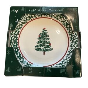 Furio home Italy set of 4 dinner plates green sponge wear Christmas tree 10 3/8”